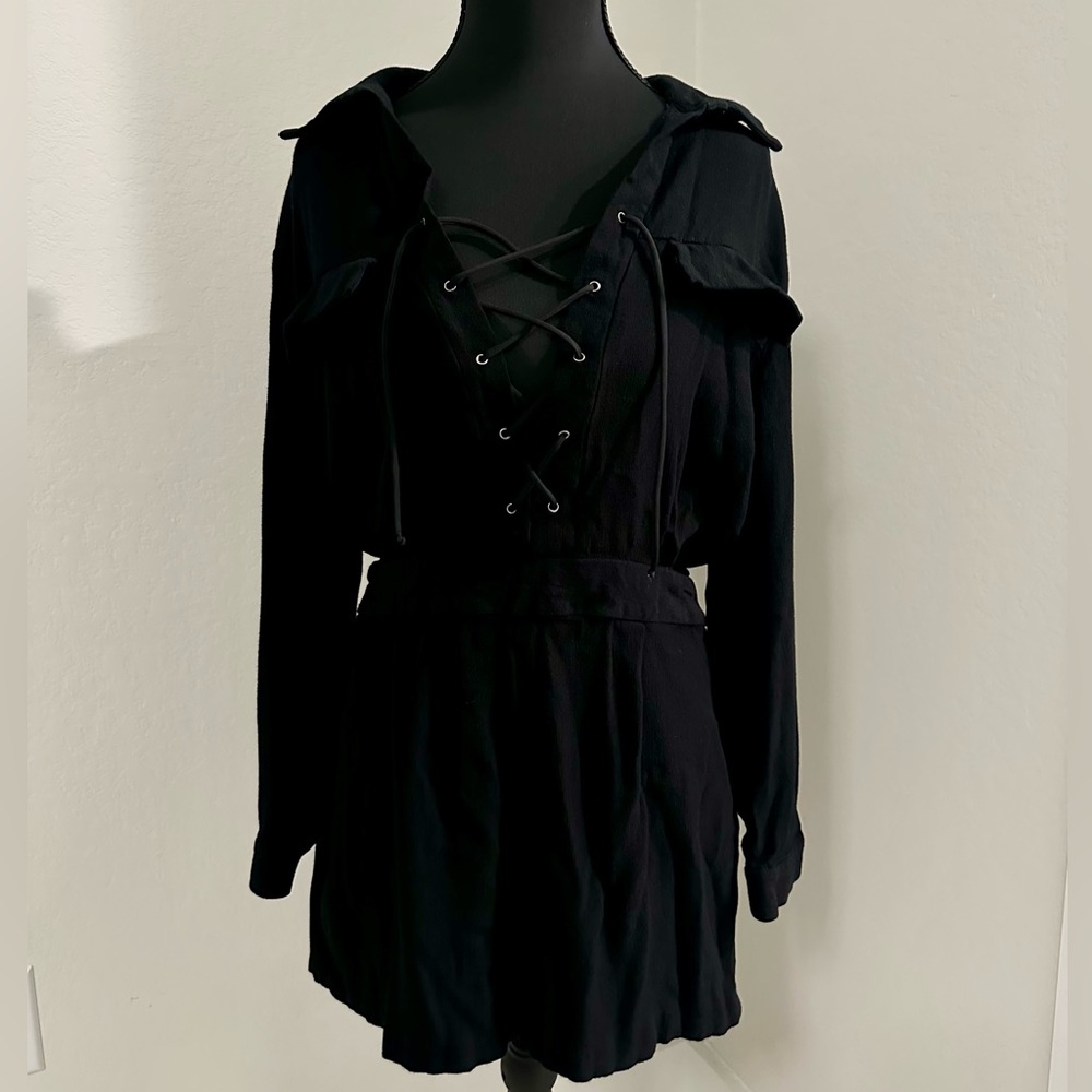 Topshop Black Long Sleeve Lace-Up Romper